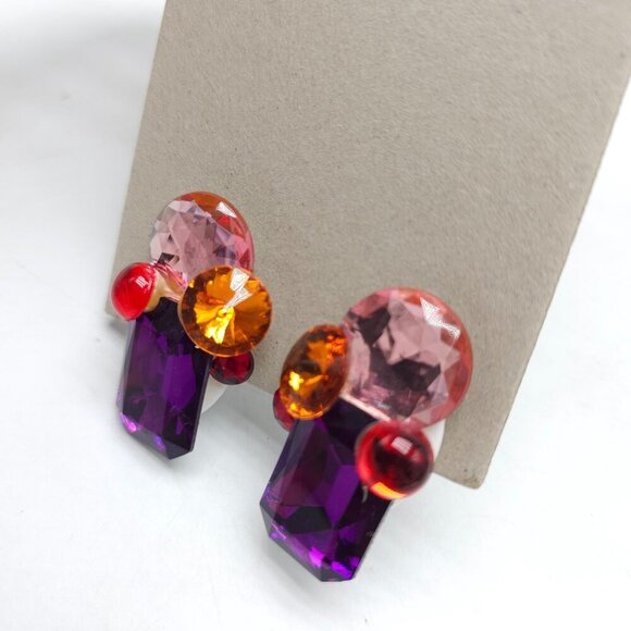Vintage 1980s Acrylic Clip-On Earrings In Purple Pink Orange Red Geometric - Picture 3 of 5